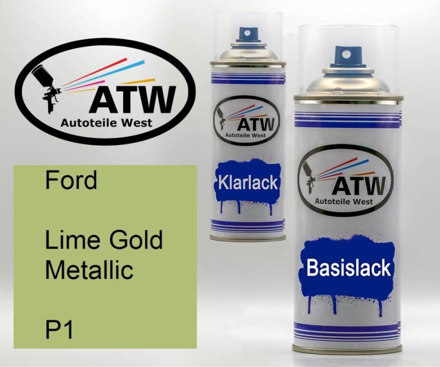 Ford, Lime Gold Metallic, P1: 400ml Sprühdose + 400ml Klarlack - Set, von ATW Autoteile West.